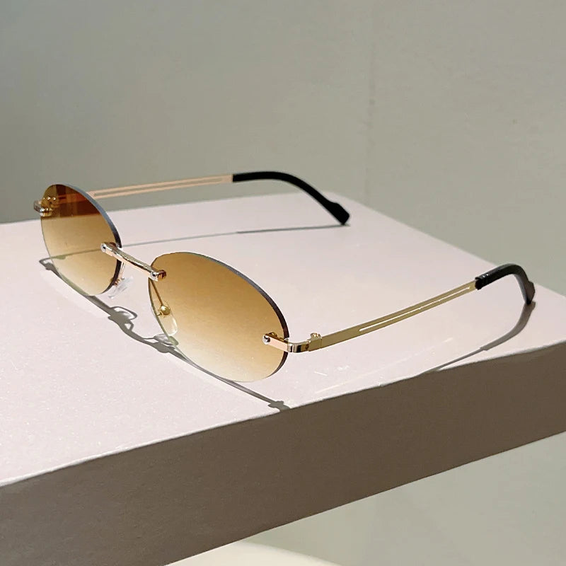 Trendy Rimless Oval Sunglasses - Vintage Gradient Shades