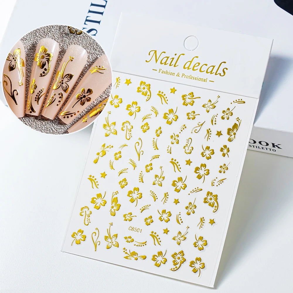 Luxury Bronzing Hibiscus Nail Stickers - Gold & Silver Floral Decals