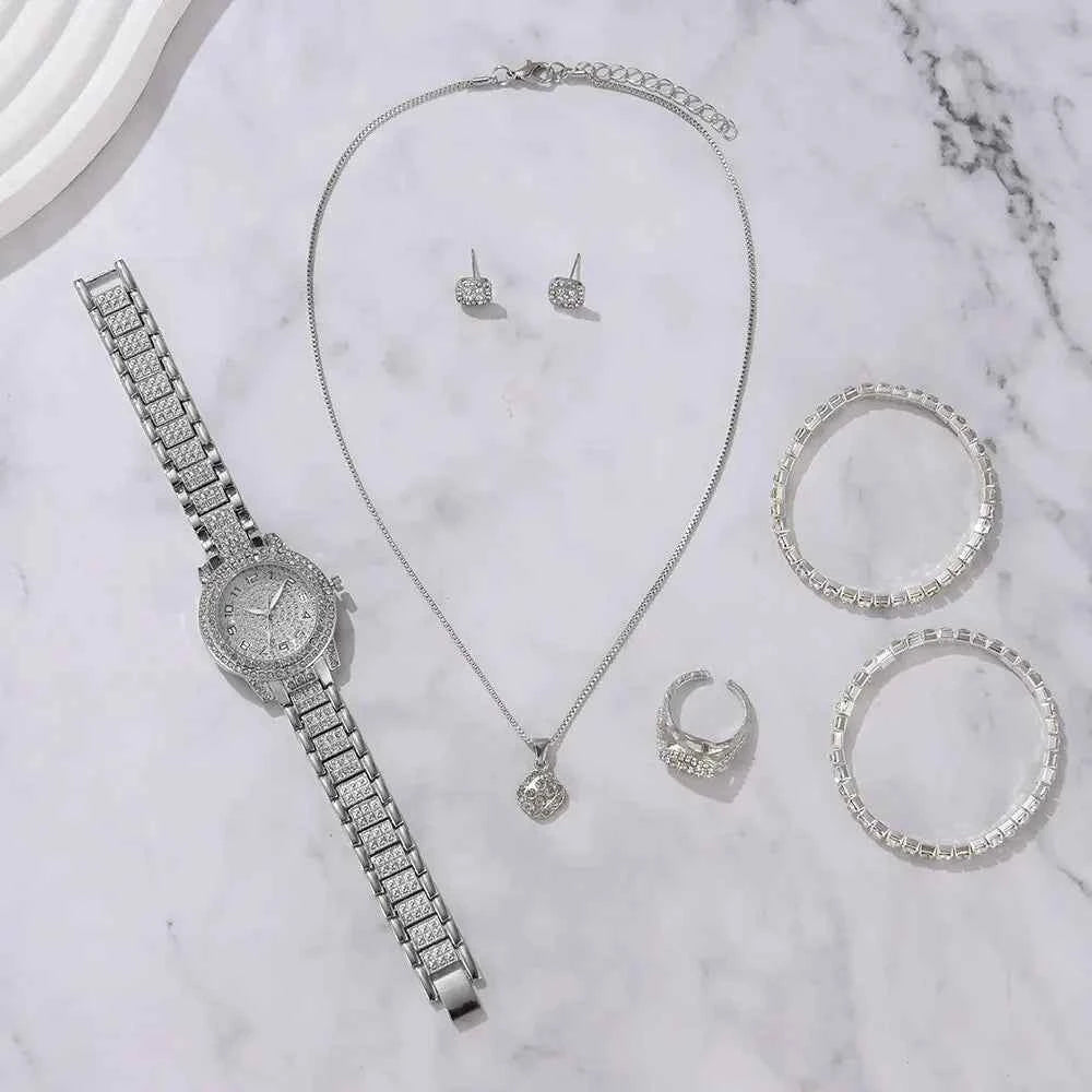 Elegant Crystal Wristwatch & Rhinestone Bracelet Set