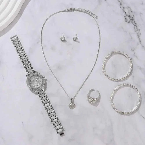 Elegant Crystal Wristwatch & Rhinestone Bracelet Set