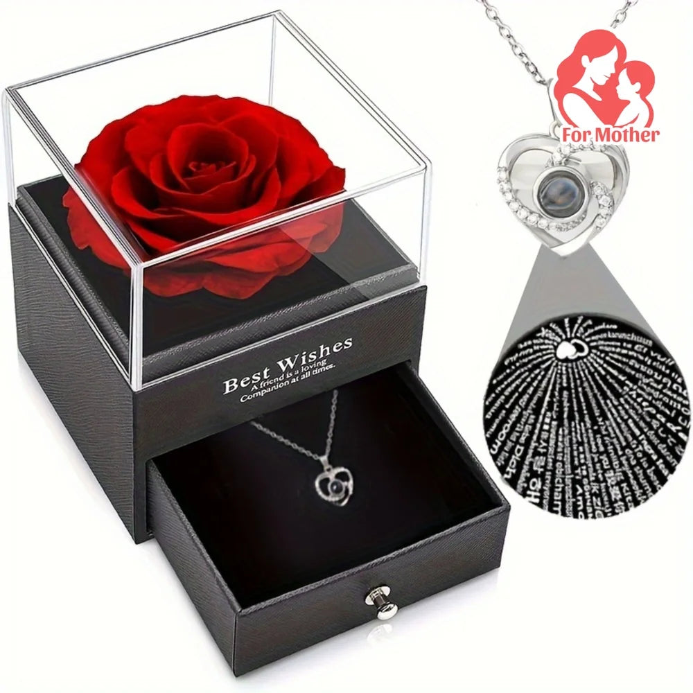 Elegant Permanent Rose Gift Box with Necklace
