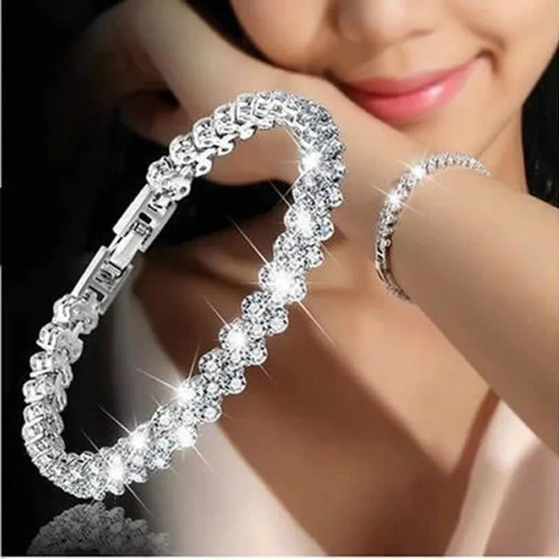 Roman crystal bracelet - elegant heart chain design with dazzling rhinestones in gold, rose gold, or silver