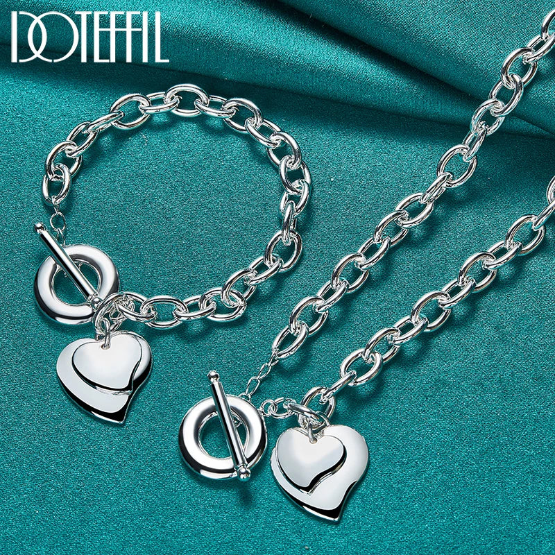 Elegant Sterling Silver Heart Set - Necklace & Bracelet