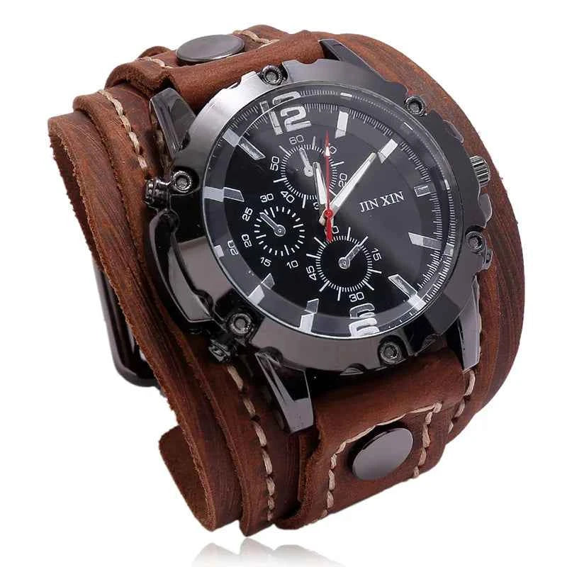Rugged Men's Quartz Watch - Premium Cowhide Leather Punk Wristwatch