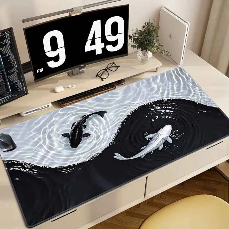 Tai Chi Koi mouse pad - artistic koi pattern on a rectangular desk mat with stitched edges