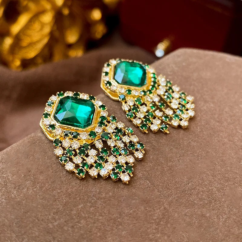 Luxury Emerald Crystal Tassel Earrings - Vintage Geometric