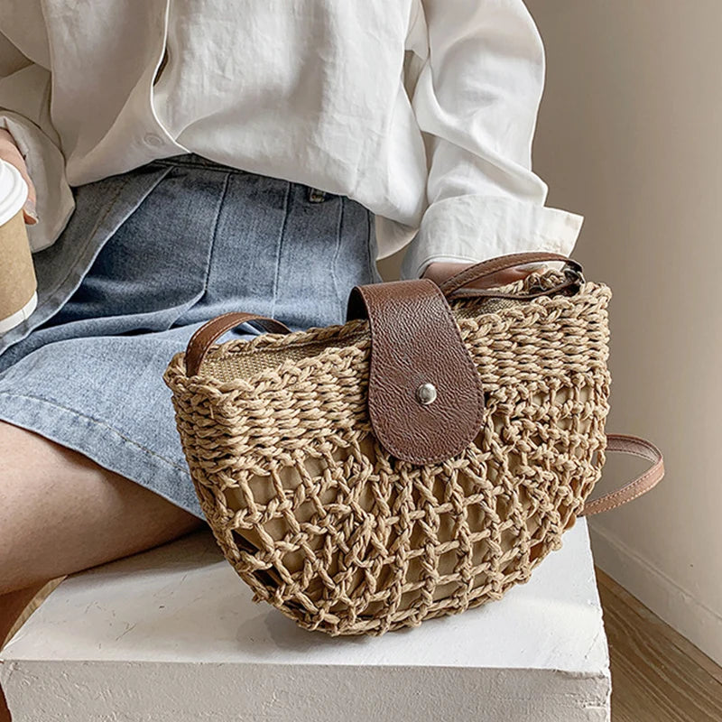 Elegant Straw Semicircle Bag - Chic Summer Crossbody