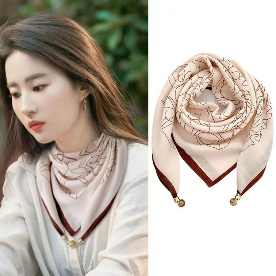 Luxury Silk Square Scarf - Magnetic Buckle & Print