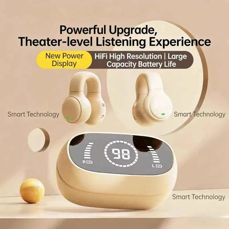 Digital display earbuds - black silicone ear clip with mirror screen showing battery level