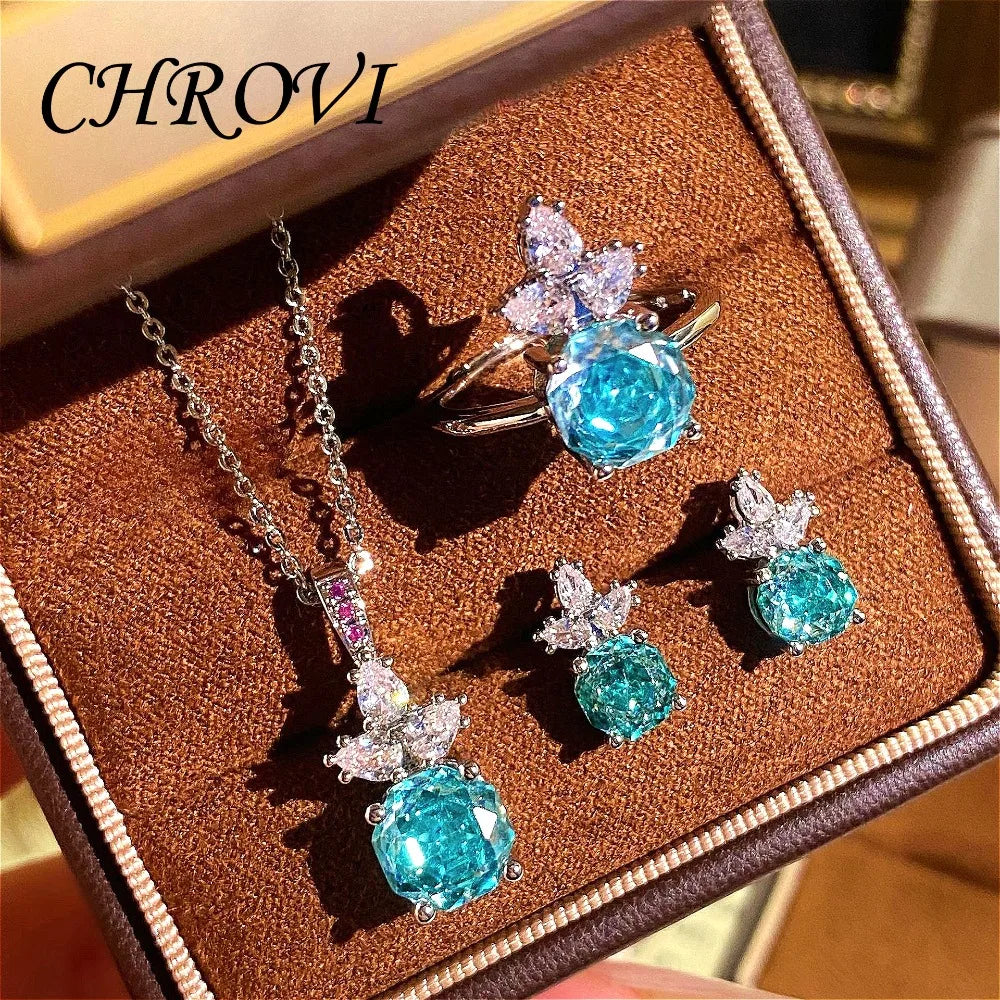 Luxury Silver Rose Jewelry Set - Pendant Necklace & Ring