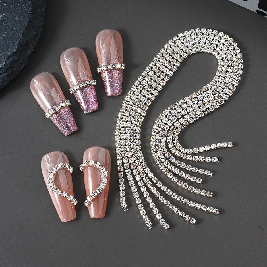 Luxury Sparkling Nail Art Chain - Silver Metal & Diamond Decor