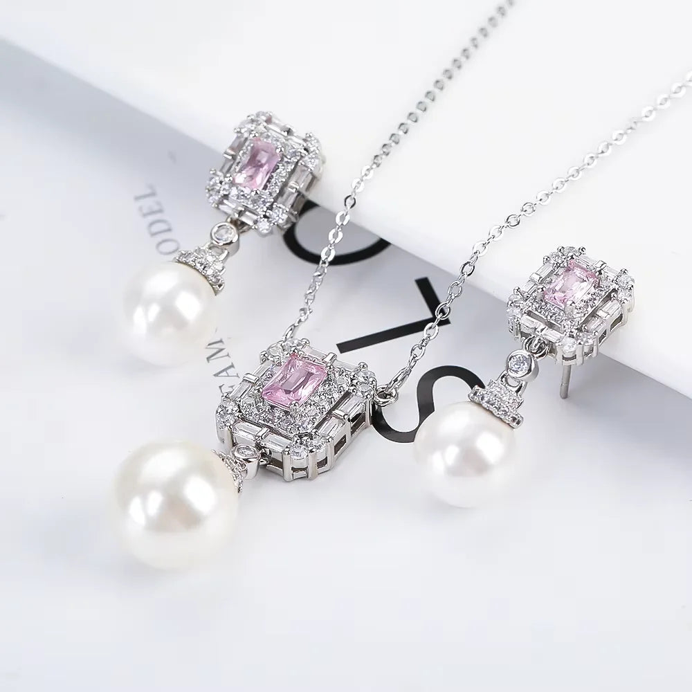 Luxury Pearl Pendant Necklace Earring Set - 18K Gold Plated