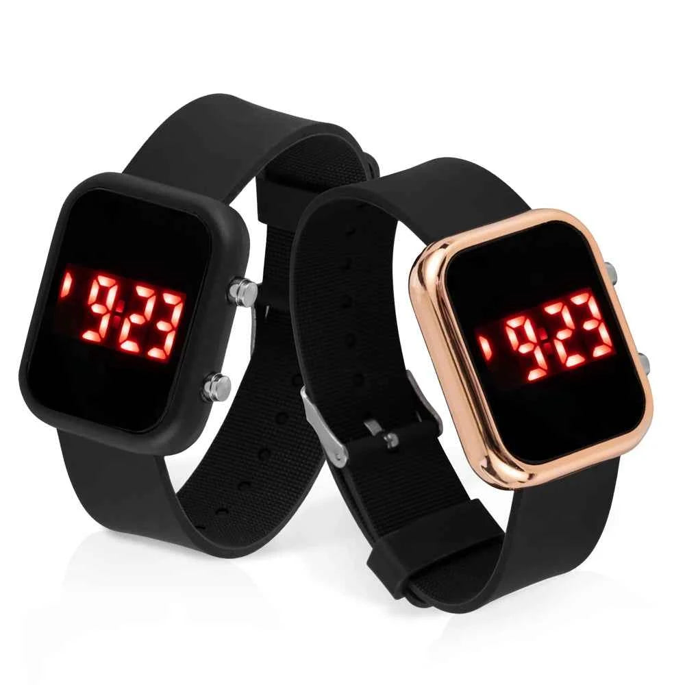 Digital sports watch with luminous LED display and black silicone band