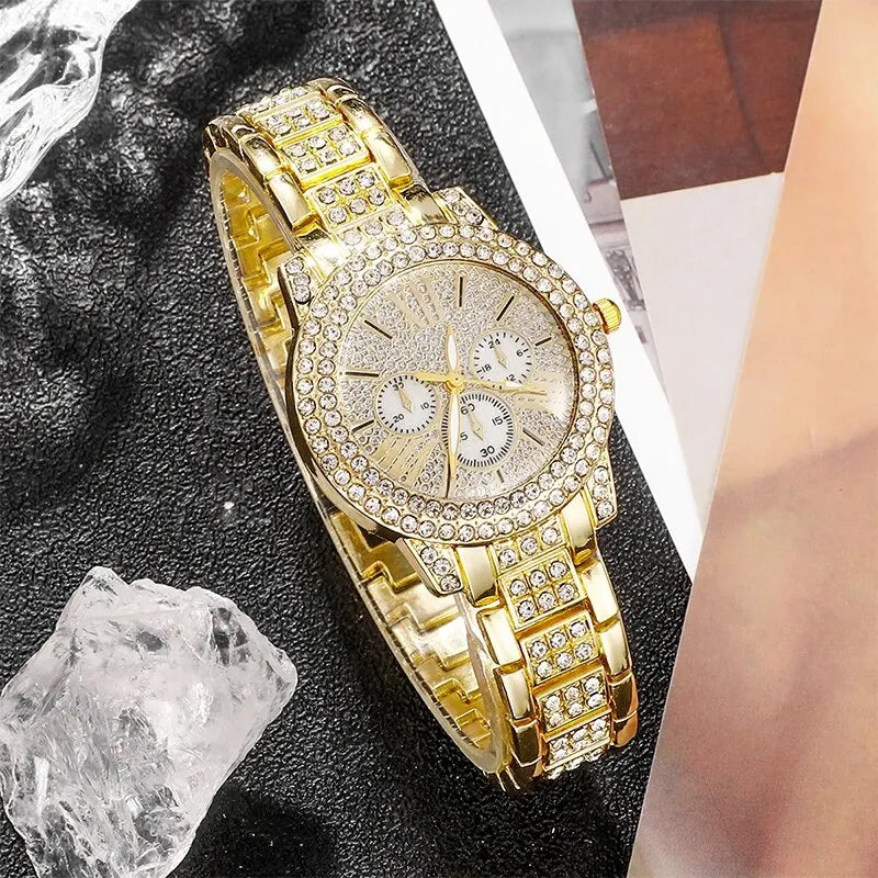 Luxury Women's Quartz Watch and Rhinestone Jewelry Set - Gold