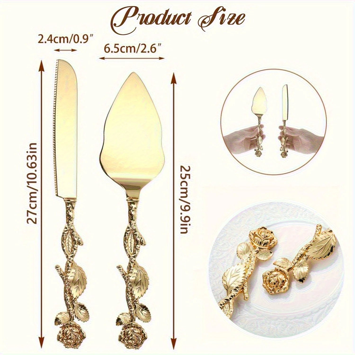Elegant Rose Handle Luxury Cake Serving Set - 2pcs Golden