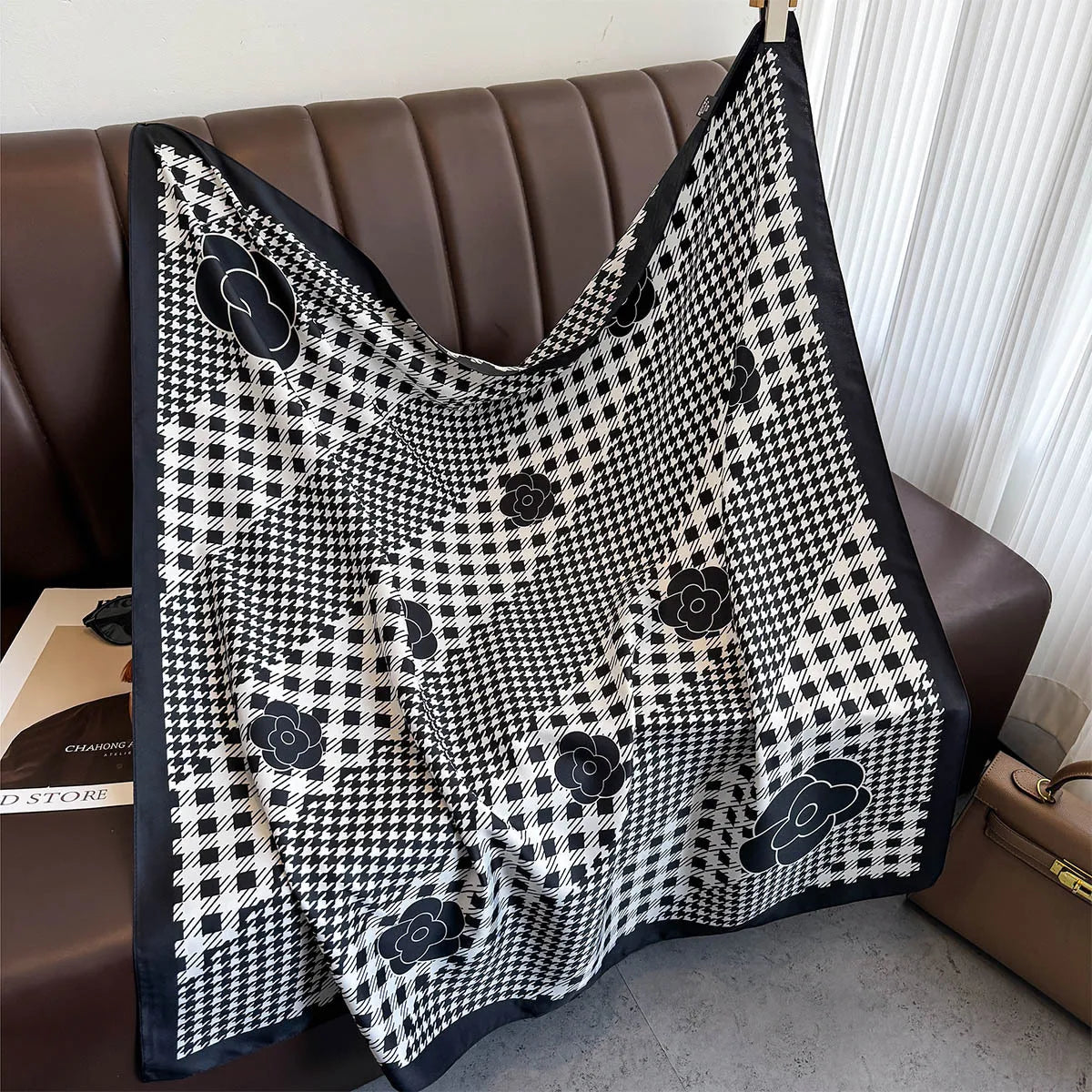 Luxury Square Silk Scarf - Elegant Tree Print Neck Shawl
