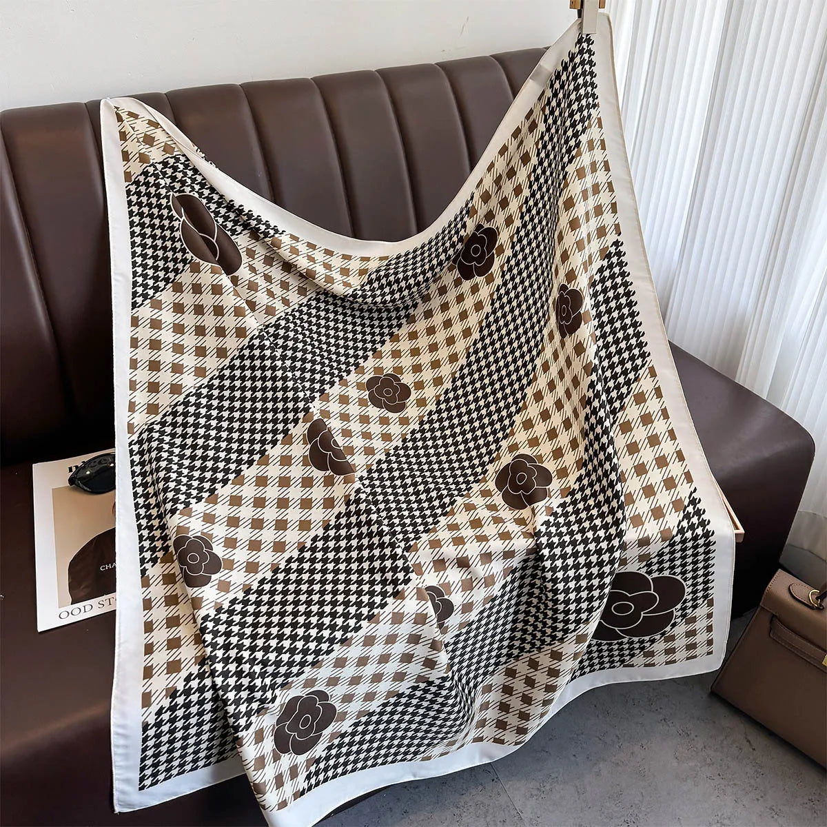 Luxury Square Silk Scarf - Elegant Tree Print Neck Shawl