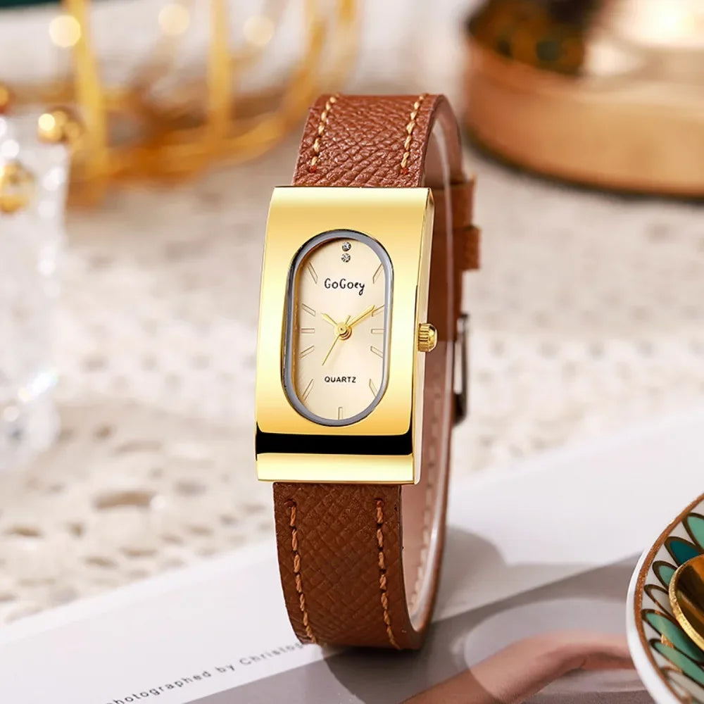 Elegant Ladies Rectangular Quartz Watch - Leather Strap