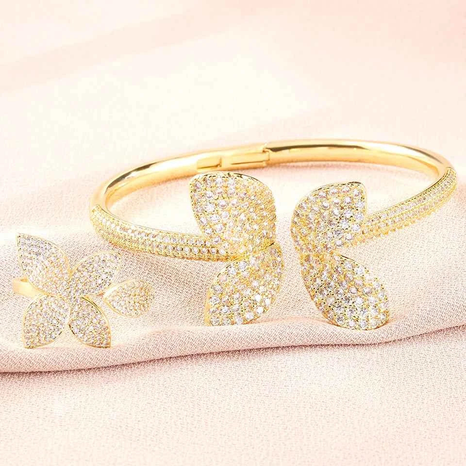 Elegant Flower Zircon Jewelry Set - Bracelet & Ring