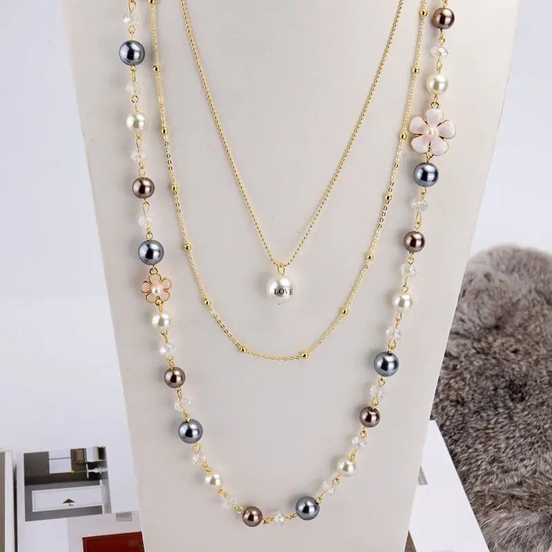 Elegant Long Pearl Necklace - Multilayer Camellia Flower Design