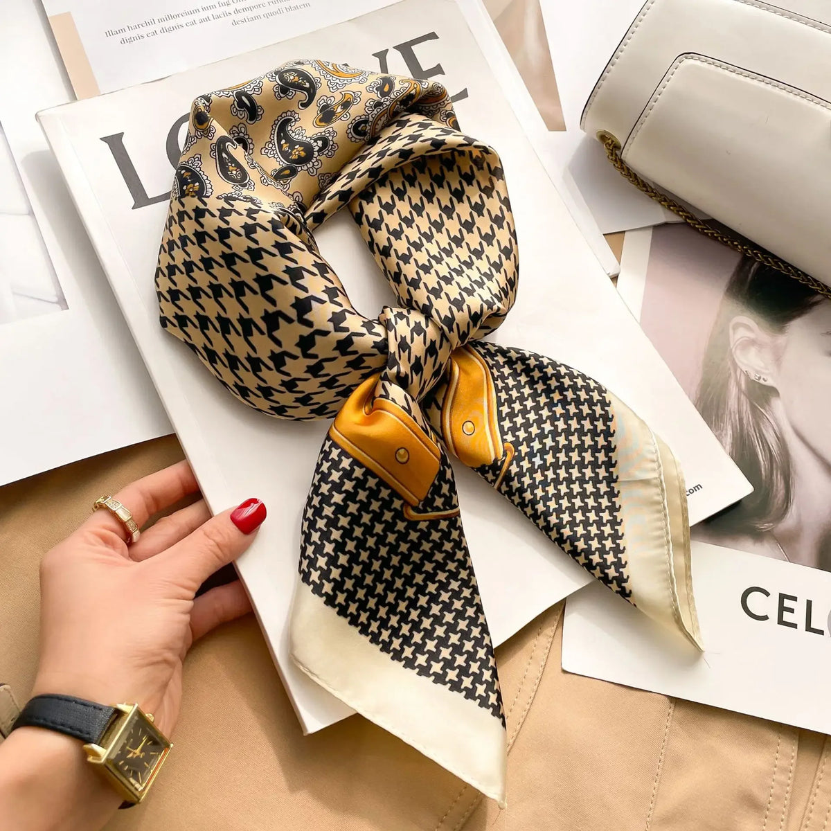 Luxury Silk Square Scarf - Elegant Designer Neckerchief & Purse Accessory