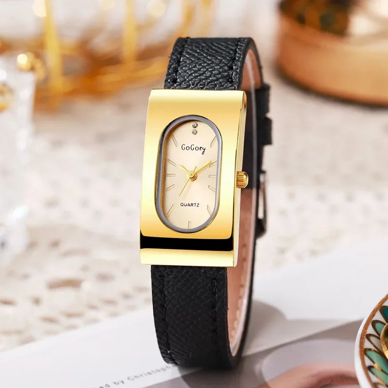 Elegant Ladies Rectangular Quartz Watch - Leather Strap