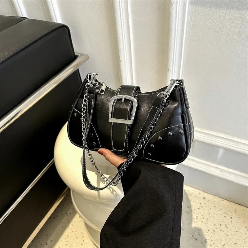 Elegant Vintage Rivet Shoulder Bag - Fashion Chain Accent