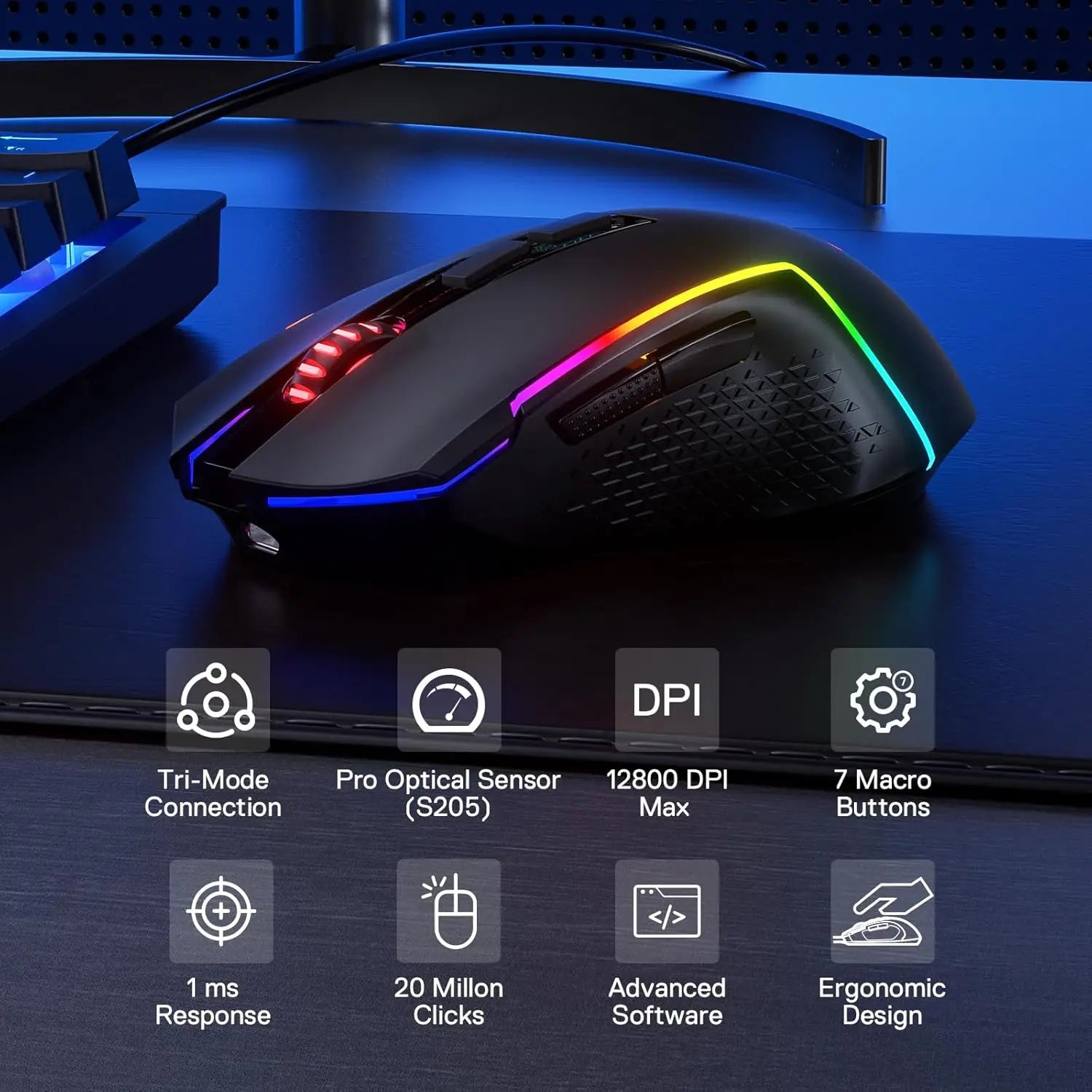 Premium Wireless Gaming Mouse - 12800 DPI, 3-Mode, 7 Macro Buttons