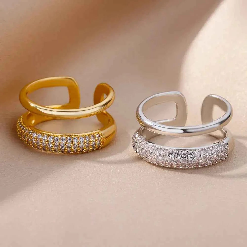 Elegant Stainless Steel Ring - Luxury Zircon Open Aesthetic Jewelry