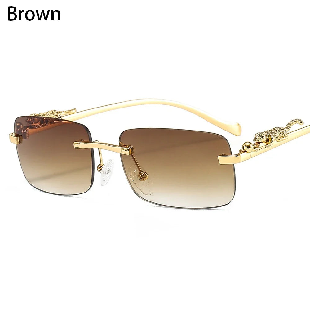 Luxury Rimless Square Sunglasses - Designer Metal Leopard Shade