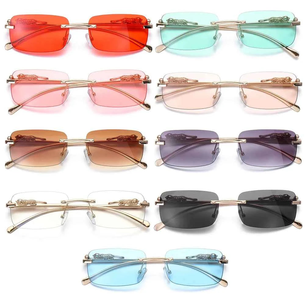 Luxury Rimless Square Sunglasses - Designer Metal Leopard Shade