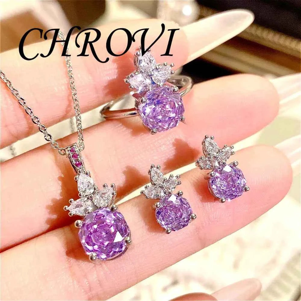 Luxury Silver Rose Jewelry Set - Pendant Necklace & Ring