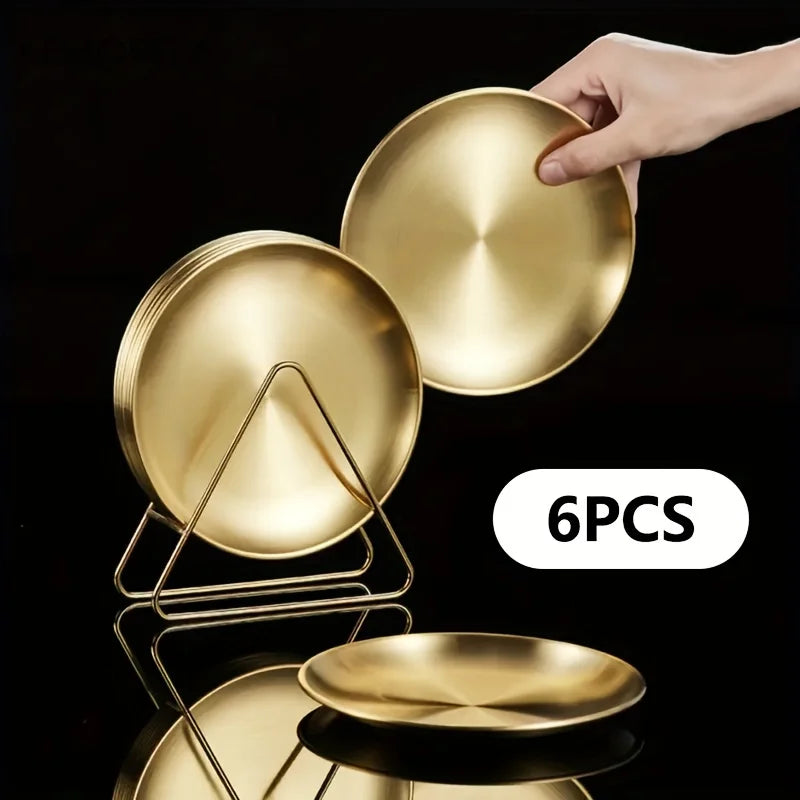 Premium Stainless Steel Camping Plates - 6-Piece Set with Rack