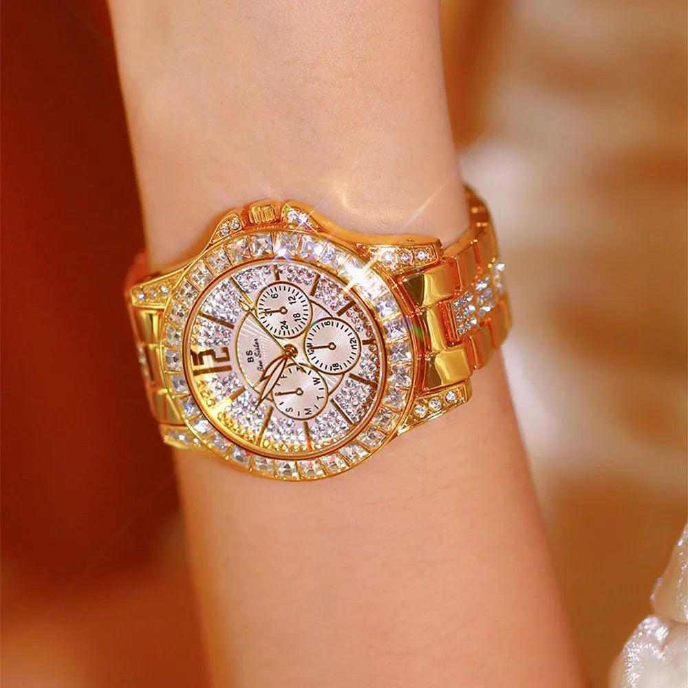 Elegant Women's Diamond Wrist Watch - Waterproof Silver Gold