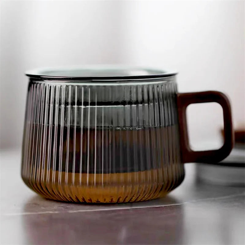 Premium Striped Glass Tea Mug - Wooden Handle & Separator