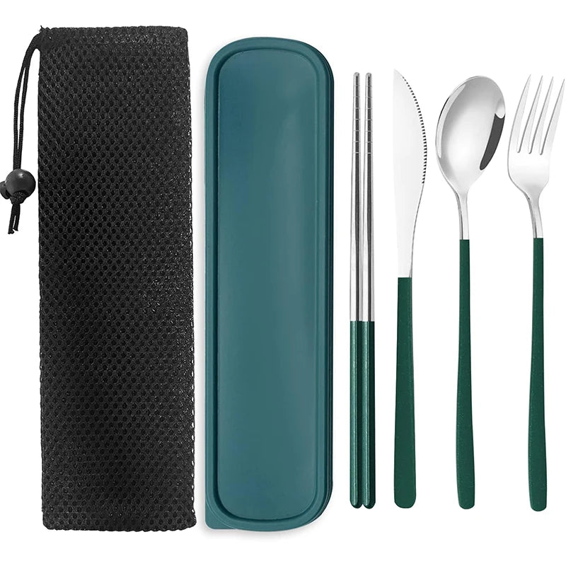 Portable Flatware Set - Black stainless steel travel utensils with case