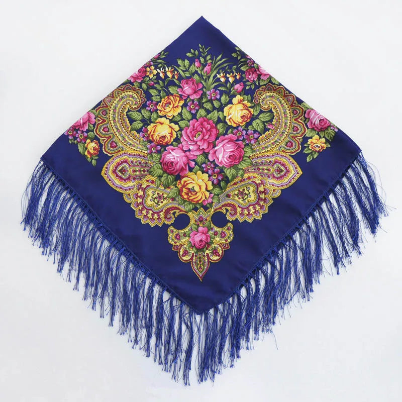 Luxury Floral Russian Scarf - Fringed Square Babushka Shawl