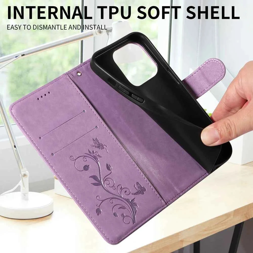 Premium Butterfly Flower Leather Case - Flip Wallet Book Cover