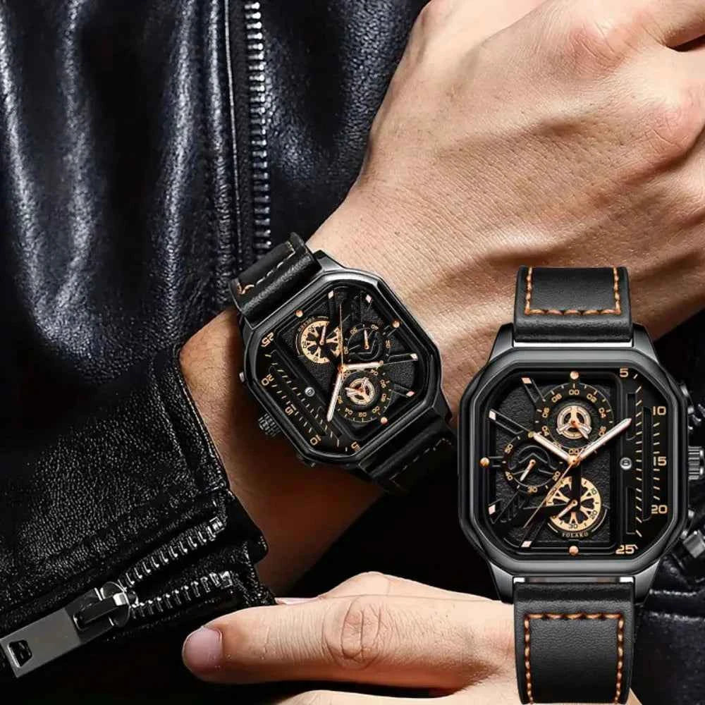 Luxury Big Dial Men Square Watch - Casual PU Leather Strap