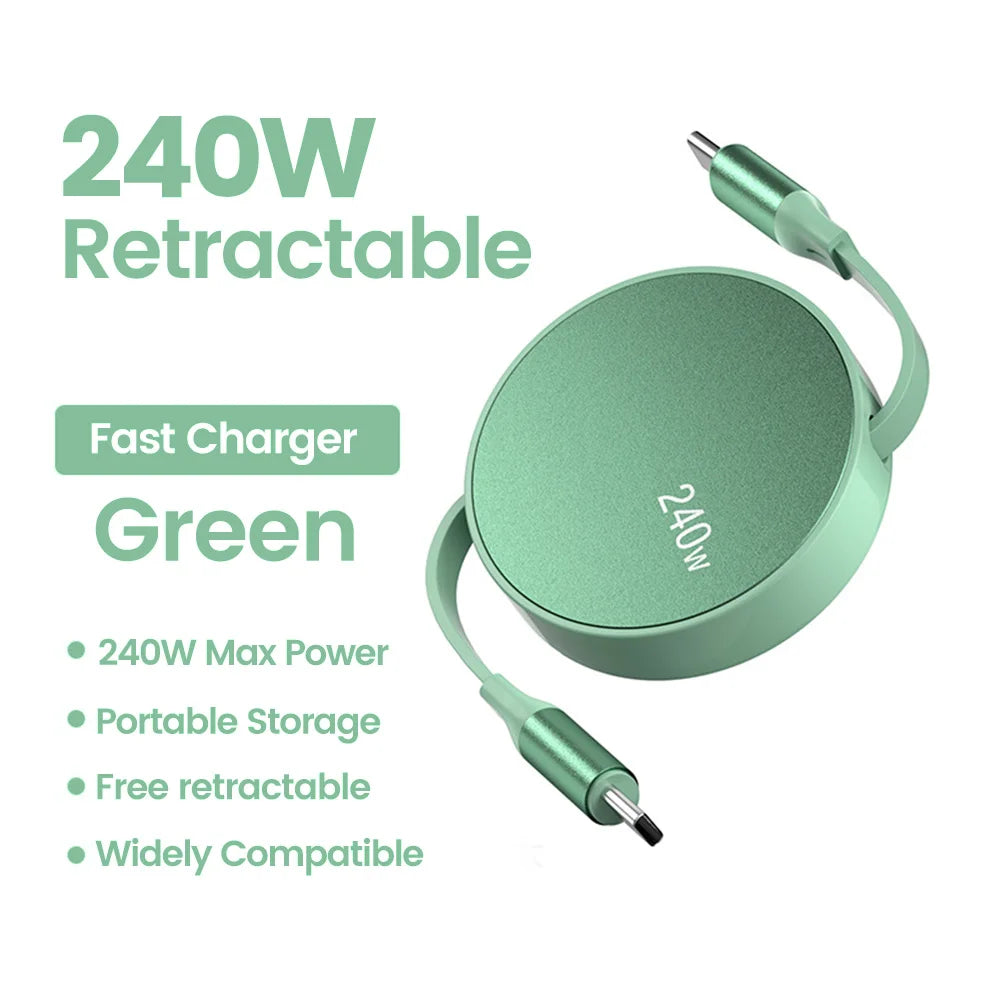 Retractable 240W USB C to USB C Fast Charging Cable - Premium PD Data Cord
