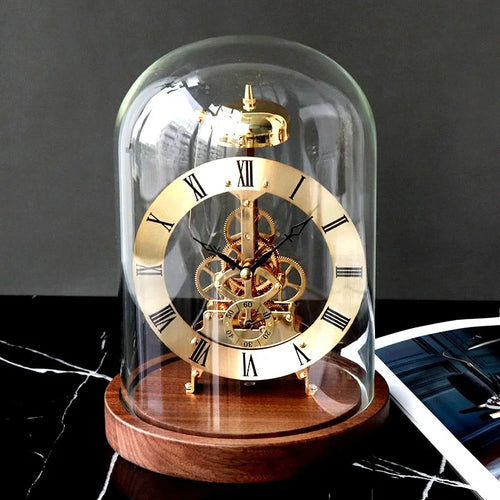 Luxury desk clock - elegant gold and metal wood tabletop clock with antique style design