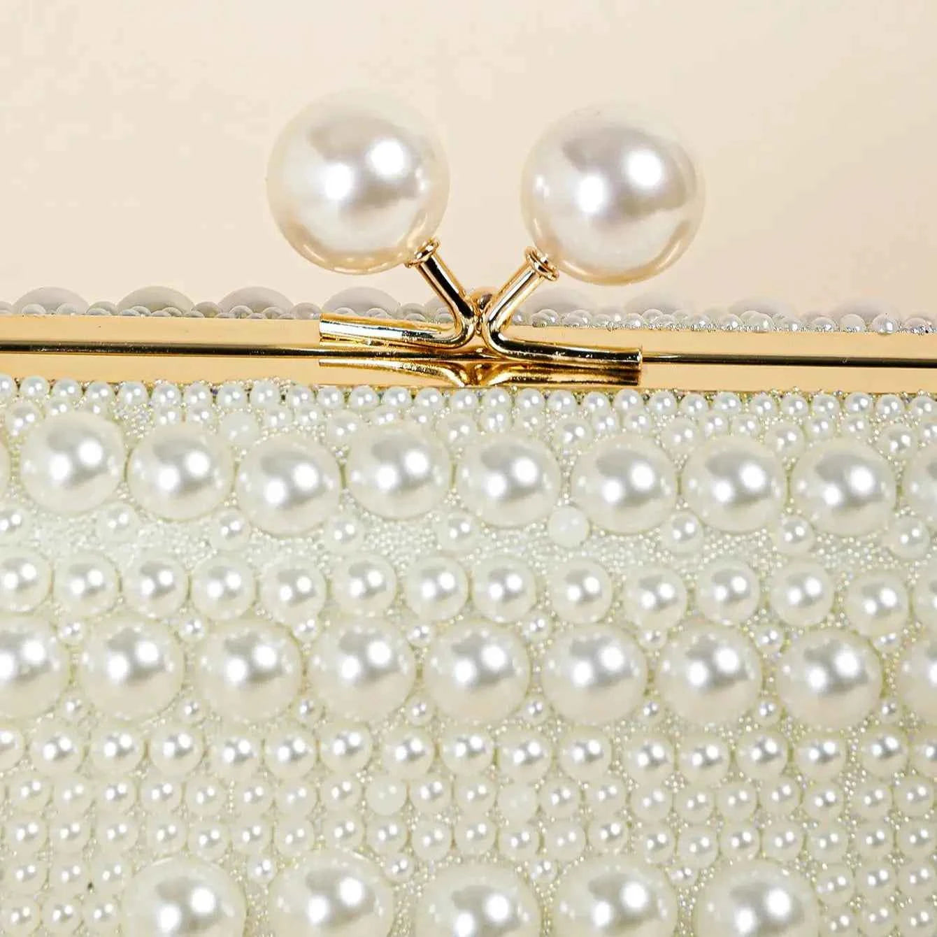 Elegant Pearl Bead Clutch - Glossy Kiss Lock Evening Bag