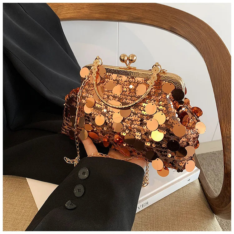 Elegant Sequins Evening Clutch Bag - Bling Chain Strap