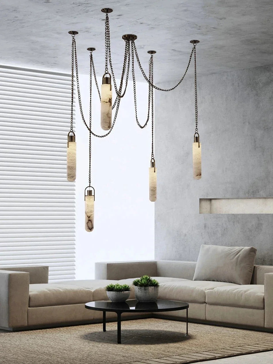 Luxury Marble Pendant Chandelier – Premium Solid Brass Multi-Light Ceiling Lamp for Living Room, Dining Area, Loft & Staircase Decor - Tulique