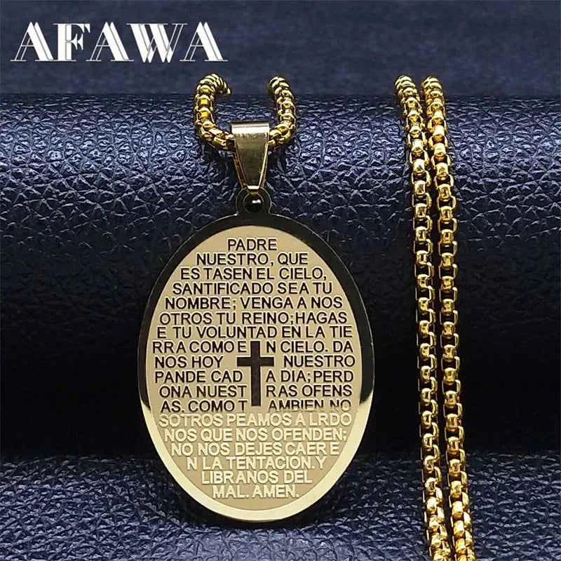 Bible verse cross necklace with Spanish Lord's Prayer on stainless steel chain