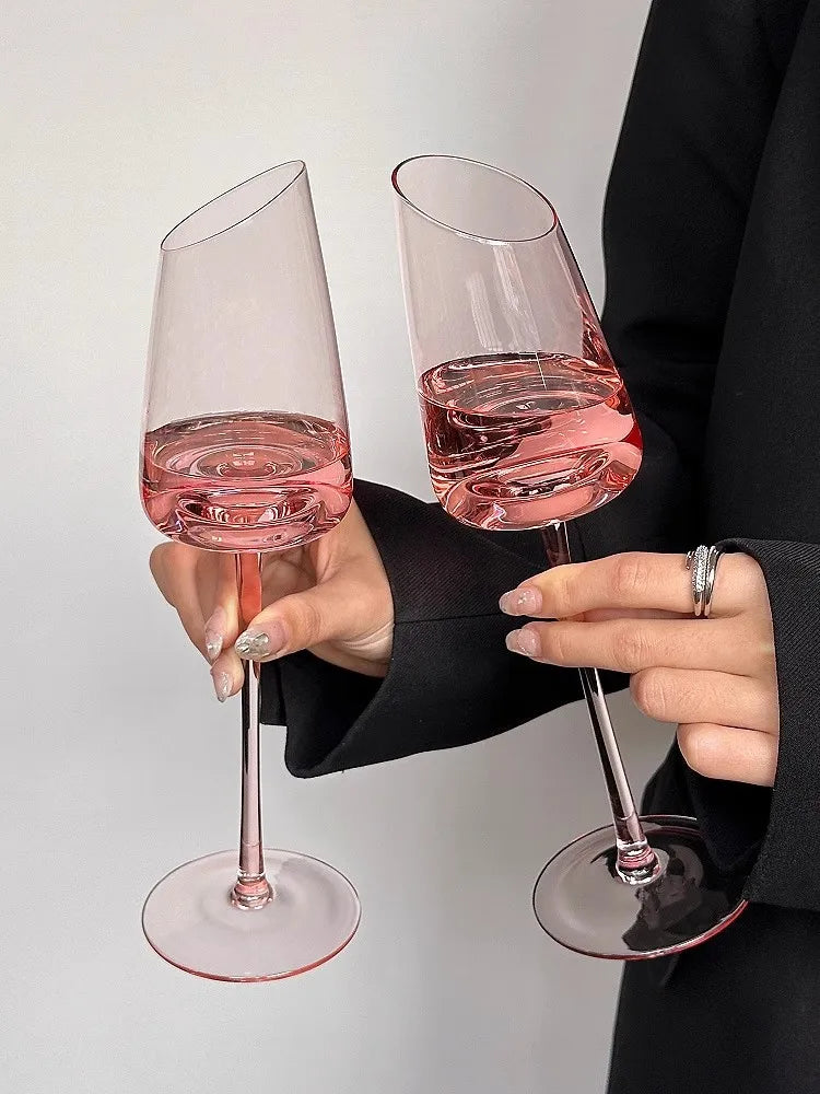 Elegant Pink Vintage Wine Glass - Slanted Mouth Design