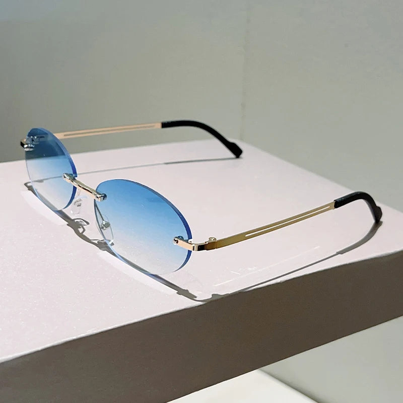 Trendy Rimless Oval Sunglasses - Vintage Gradient Shades
