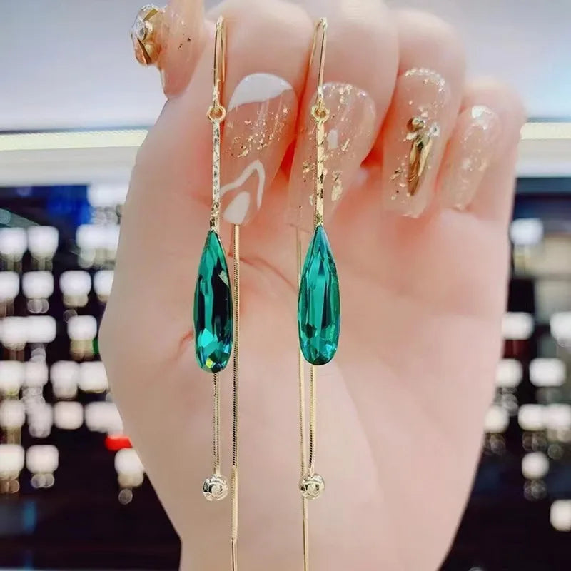 Elegant Blue Heart Zircon Tassel Dangle Earrings