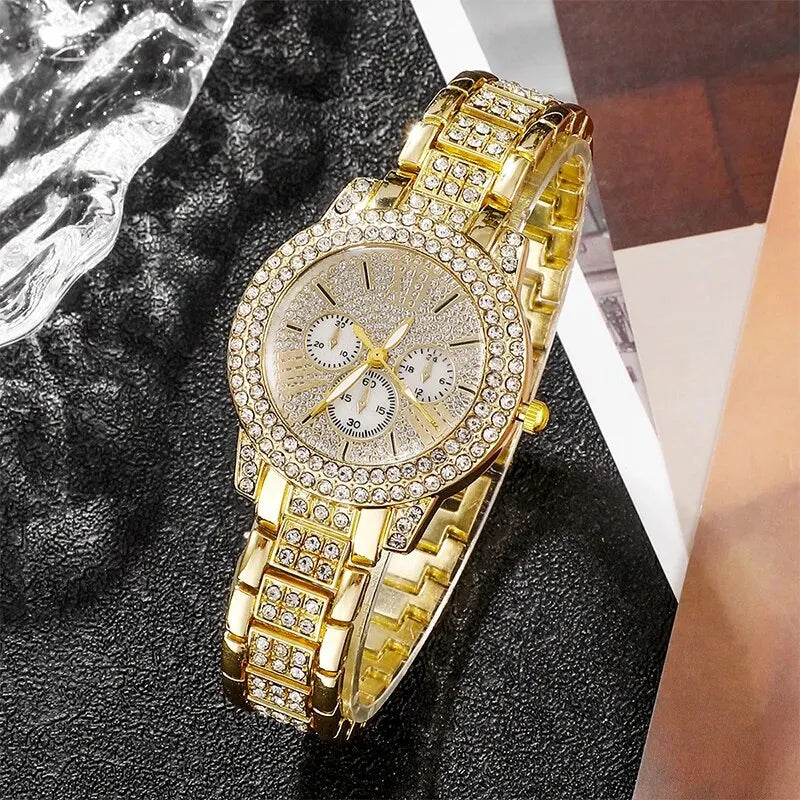 Luxury Women's Quartz Watch and Rhinestone Jewelry Set - Gold