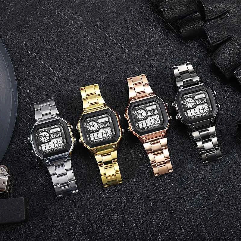 Classic Men's Digital Watch - Stainless Steel LED Wristwatch